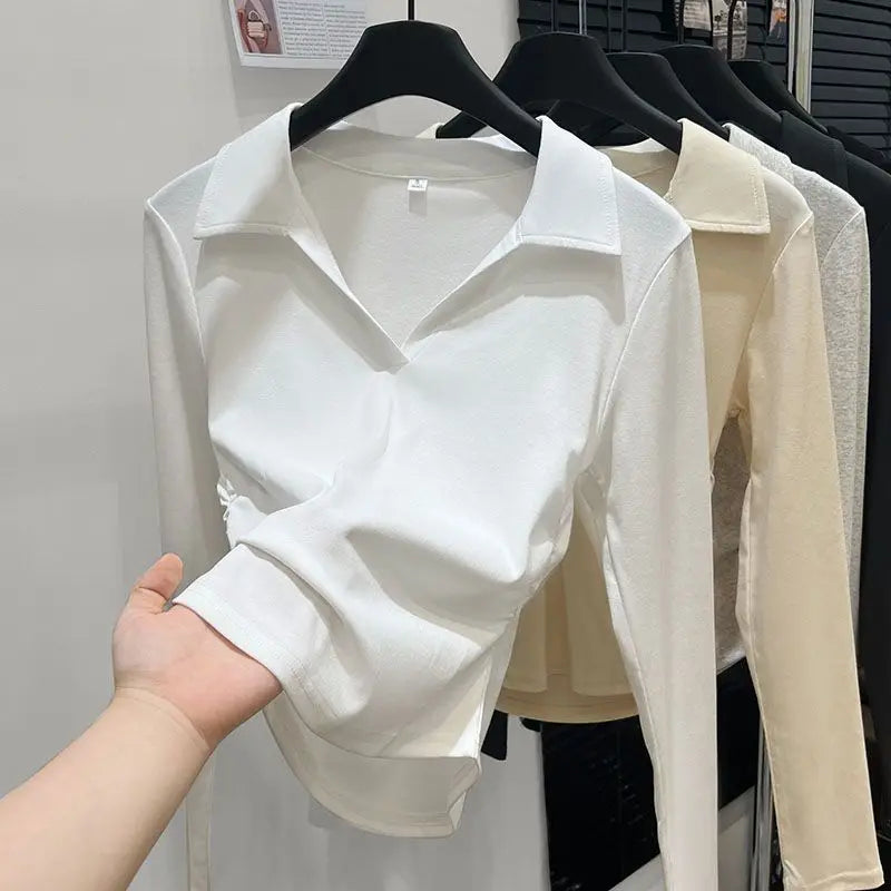 Autumn Cotton Sexy Women's T Shirt Long Sleeve Skinny Slim Basic Solid Black White Crop Top Polo TShirt Casual Top Tee for Women