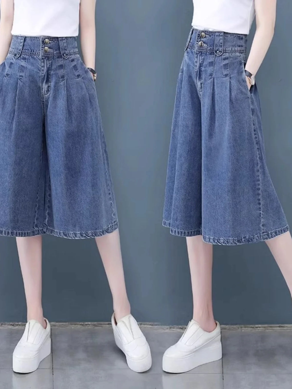 High Waist Wide Leg Pants Thin Design Summer Jeans Women's Loose Fit Small Size  Straight Cut Denim orts