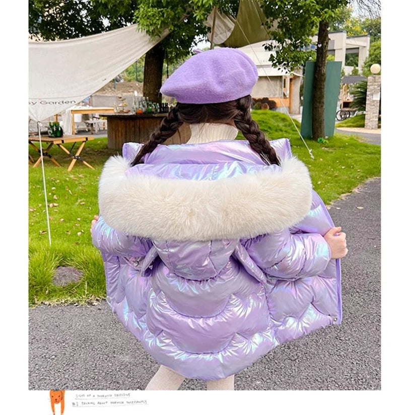 2026 Winter Coats Girls Warm Long Down Jackets Kids Fashion Unicorn Shiny Waterproof Parka Children Fur Collar Hooded Outerwear