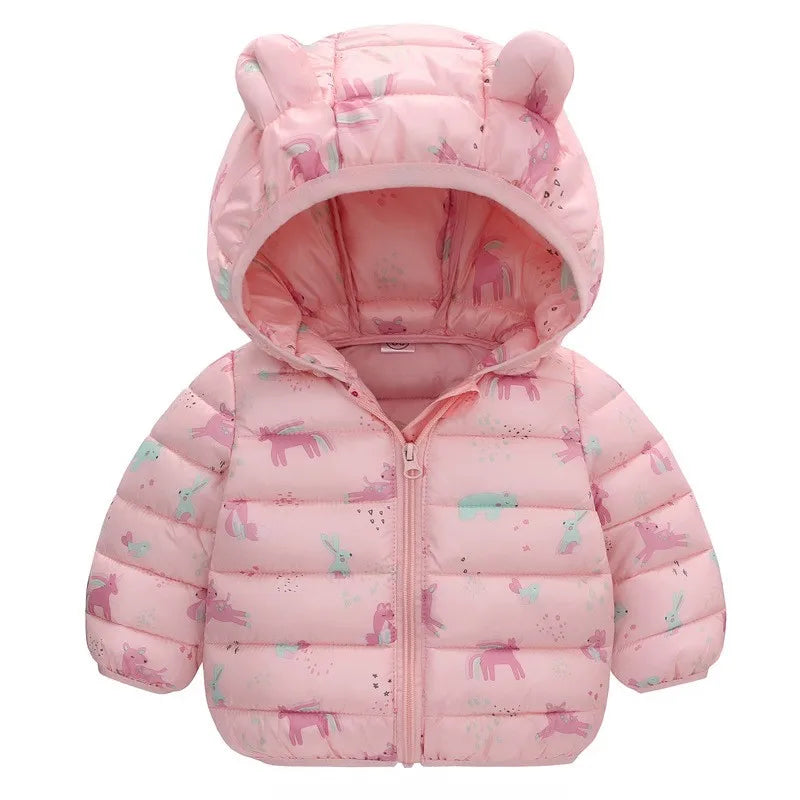 Cartoon Dinosaur Print Boys Baby Lightweight Down Jackets Warm Hooded Outerwear Winter Autumn Kids Girls Coats Casual Clothing