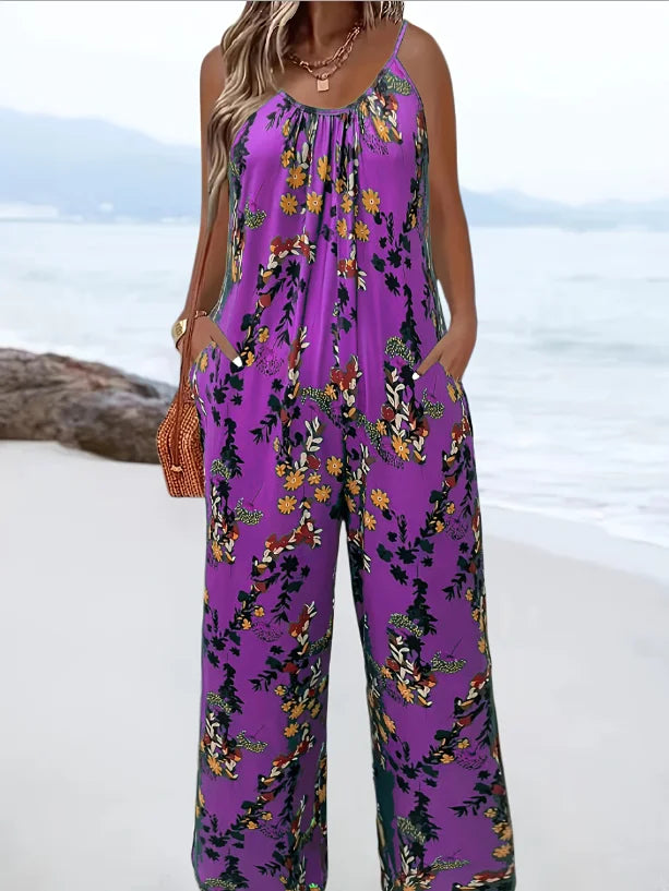 Plus-size floral print vacation style jumpsuit with pockets