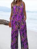 Plus-size floral print vacation style jumpsuit with pockets