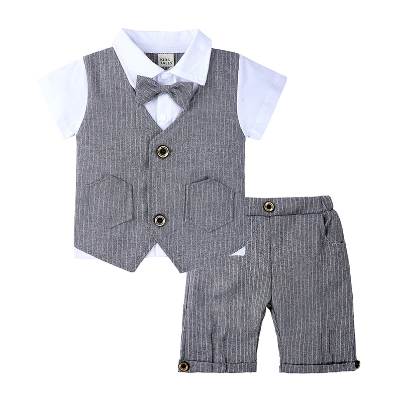2026 Baby Boy Gentleman Suit Toddler Bow Tie White Shirt Vest+Pants Stripe Sets 3Pcs Formal Birthday Wedding Kids Party Clothes