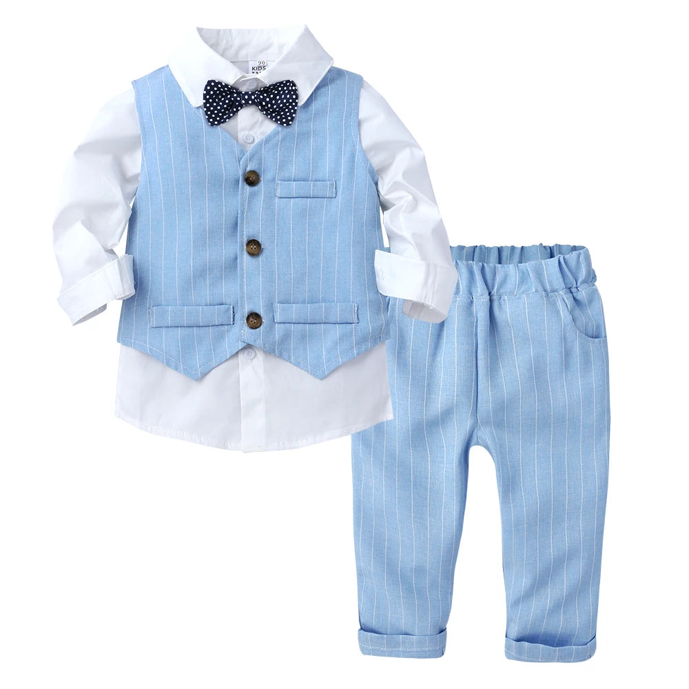 2026 Baby Boy Gentleman Suit Toddler Bow Tie White Shirt Vest+Pants Stripe Sets 3Pcs Formal Birthday Wedding Kids Party Clothes