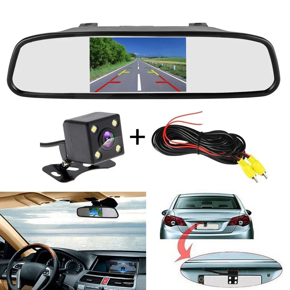 4LEDs Night Vision Waterproof Backup Camera + 4.3" Car Rear View Mirror Monitor