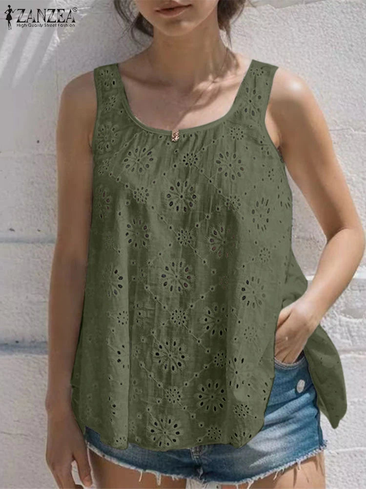 ZANZEA Women Summer Hollow Out Embroidery Tanks 2024 Fashion Vacation Casual Solid Color Tunic Tops Loose Sleeveless Blouses