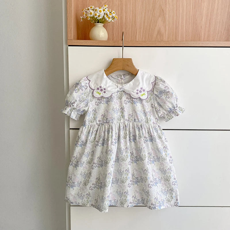 2026 New Summer Baby Girl Short Sleeve Dress Sweet Floral Puff Sleeve Dress 2-6Yrs Embroidered Collar Girl Children Dress