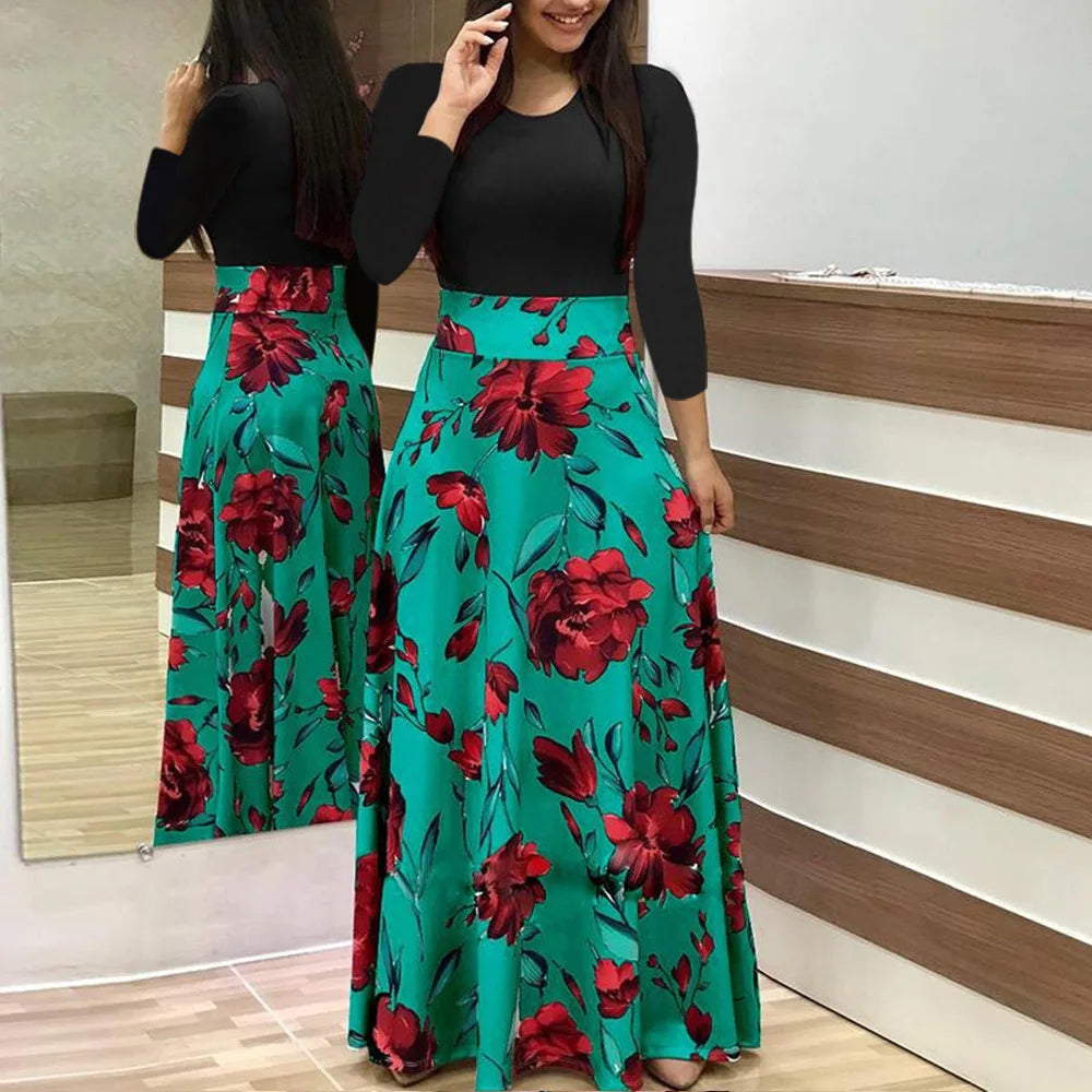 Wish Best Selling Floral Print Color Block Long Sleeve Dress Women's Maxi Dress round Neck Other Material 100% Summer 2020