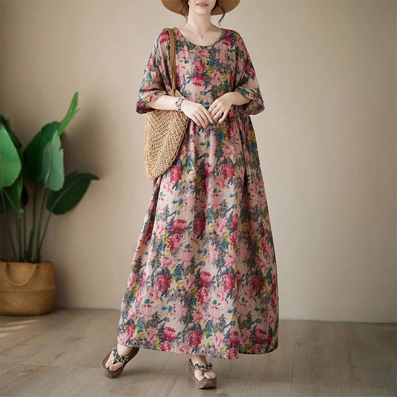 THHONE Vestidos Para Mujer Bohemian Print Maxi Long Dress for Women 2024 Floral Casual Cotton Linen Loose Vintage Robe Dresses