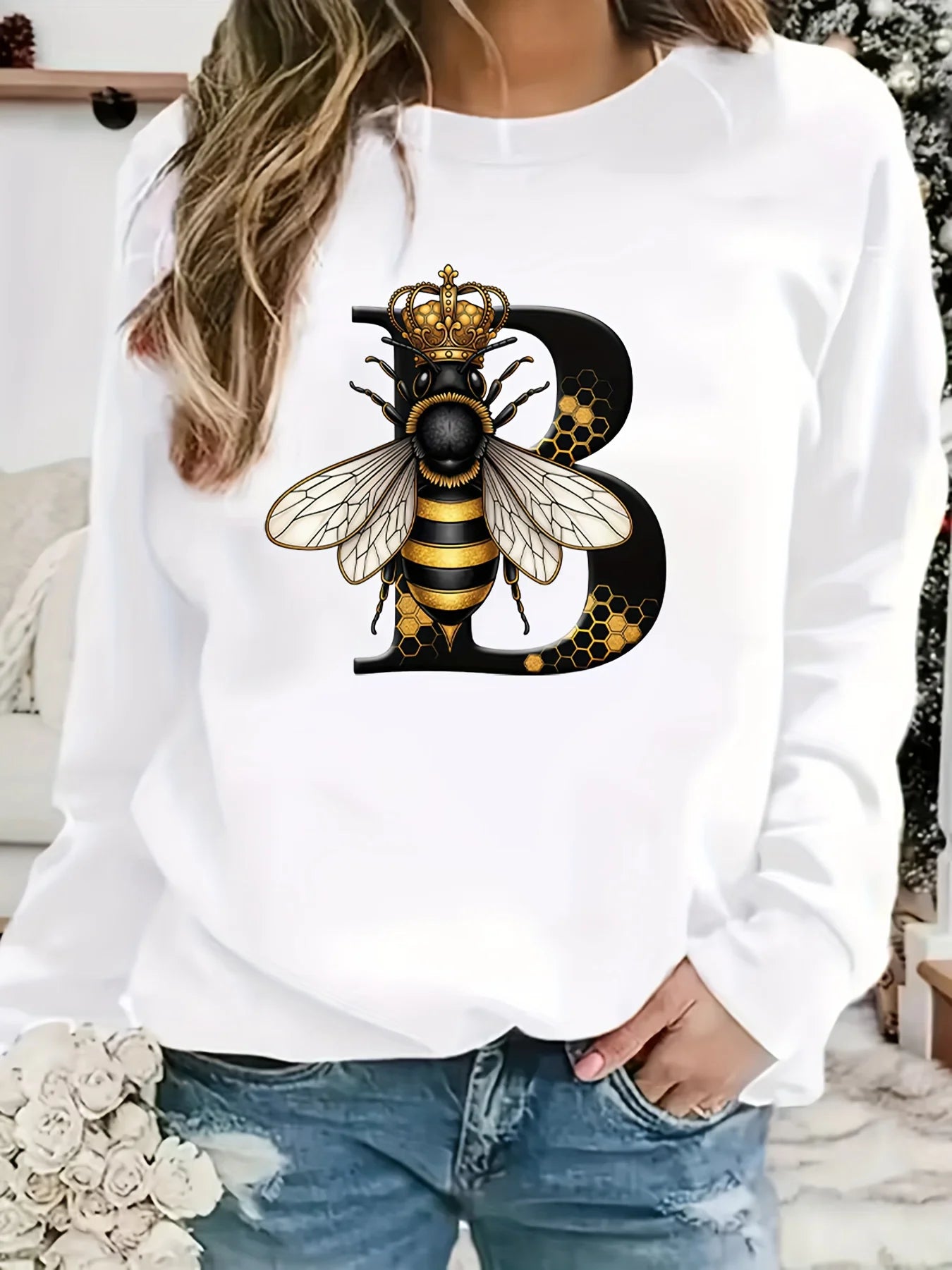 Women's autumn and winter casual, fashionable, loose, comfortable, warm, Paris pattern printed round neck long sleeved pullover