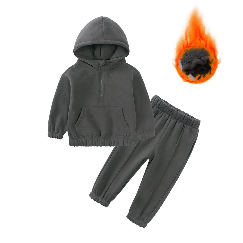 2026 Winter Children Fleece Outfits Toddler Warm Thicken Cotton Soild Hoodies+Pants Tracksuit Kids Boy Girl Sweatsuits Sets