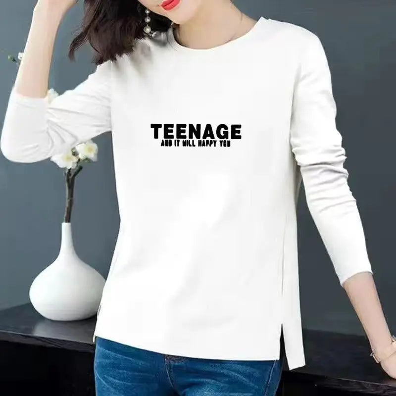 Women Korean Fashion Print Simple All Match T-shirt Spring Autumn Casual O Neck Irregular Tees Long Sleeve Loose Tops Ropa Mujer