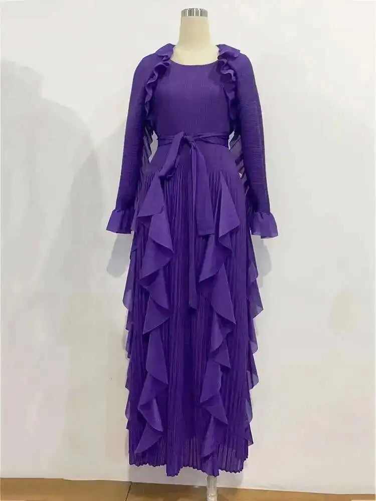 LANMREM Fashion Ruffles Pleated Dress Women Round Neck Flare Sleeves Solid Maxi Belt Dresses Party 2025 Spring New 2AA1502