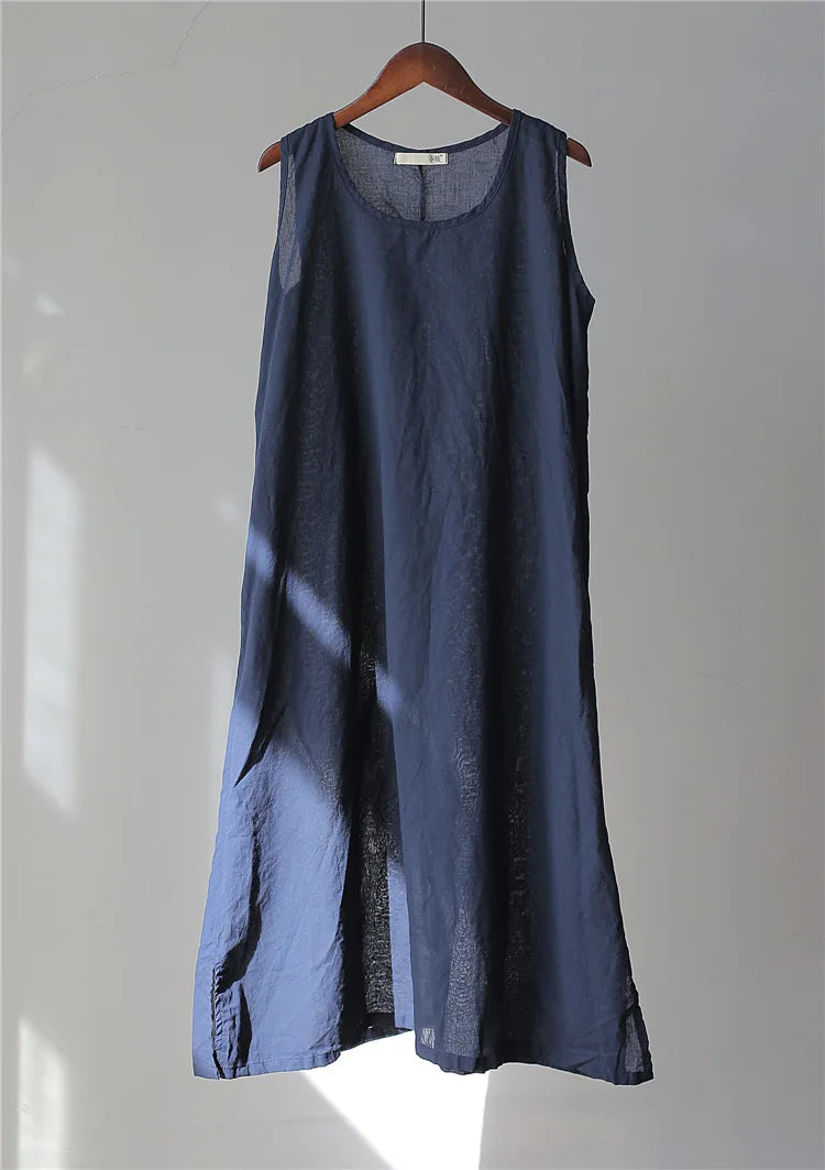 Johnature 2025 Summer 5 Colors Vintage Loose Dress Women Sleeveless Solid Color O-neck Thin Simple Render Comfortable Dress New