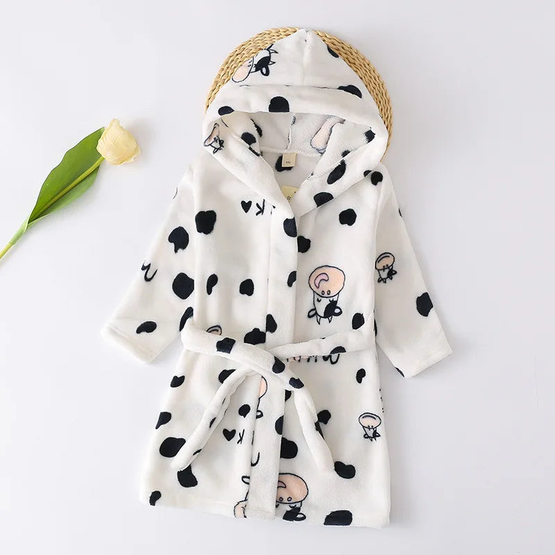 Thickened Warm Flannel Children's Bathrobe Boy Robe Homewear Cartoon Hooded Girls Pajamas Long-Sleeved Nightwear Kids Sleepwear