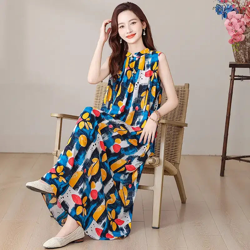 Summer Women's Ink Wash Floral Print Maxi Dress Sleeveless Stand Collar Tie Waist Casual Long Dress