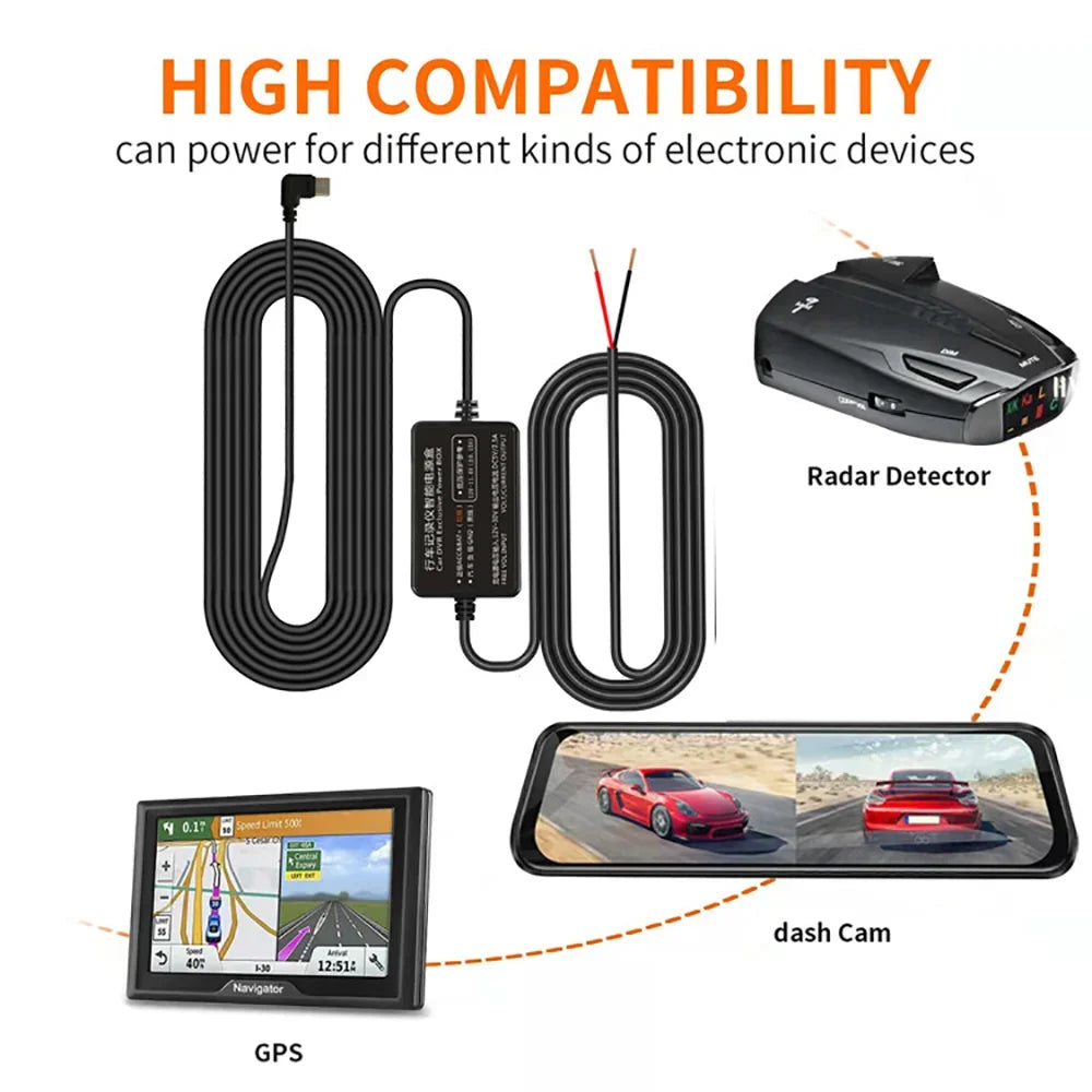 Car Dash Cam step-down Wire 3.2m DVR Hardwire Cable Kit Video Recorder 12–24V to 5V Mini/Micro USB Charger Cable for Car Dashcam