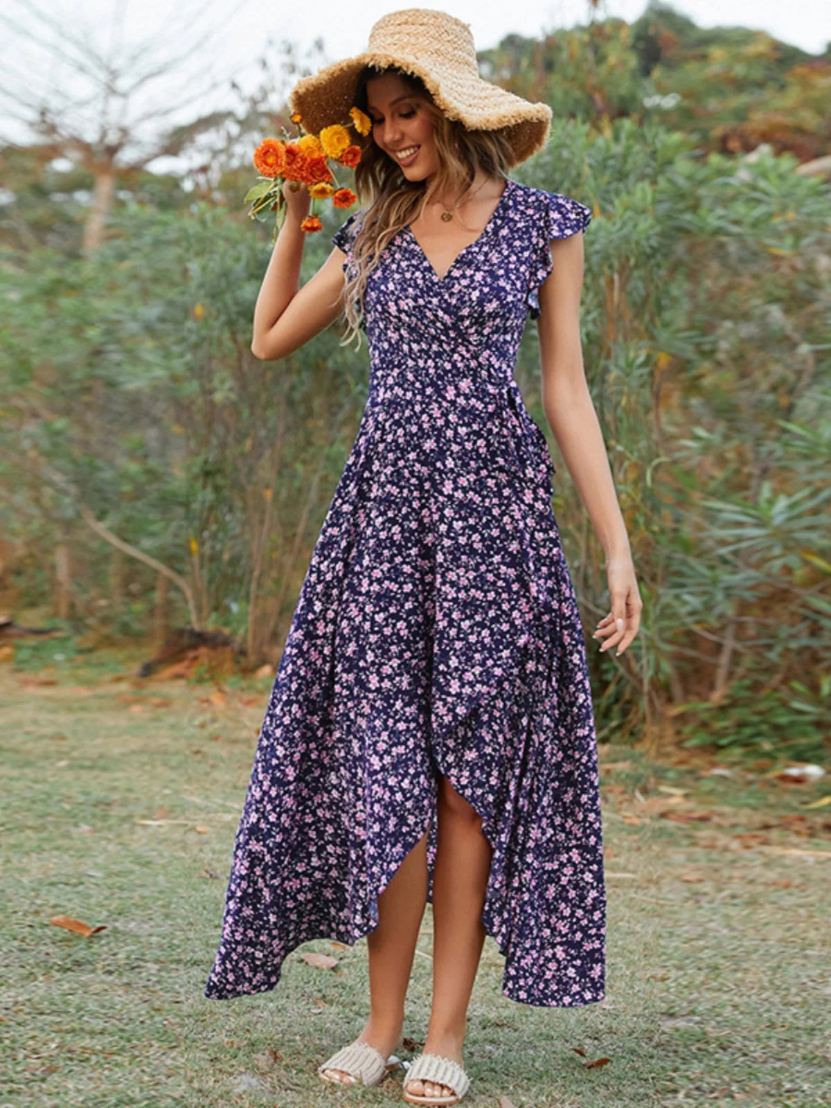 Bohemian Vacation Style Asymmetrical Short Sleeve Floral Cotton Silk Dress Waist Cinched  Wrap Long Skirt Summer