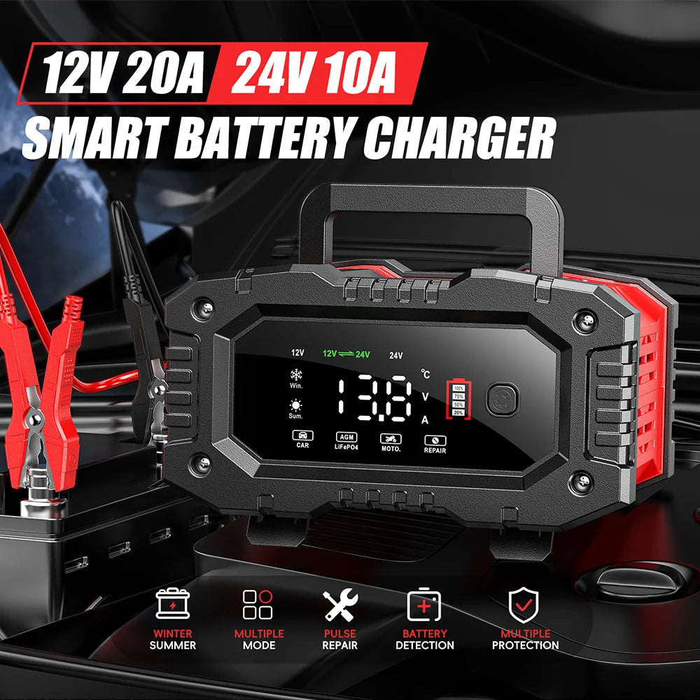12V 24V FOXSUR FPT200 FPT100 Car Battery Charger for Moto for Truck Battery Repair for Lead-Acid AGM LiFePo4 EFB GEL WET