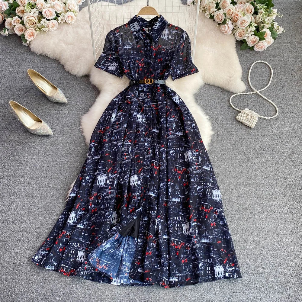 Ele Summer Vintage Gentle Wind Turn-down Collar Slimming Print Single-button A-line Chiffon Dr Long Skirt