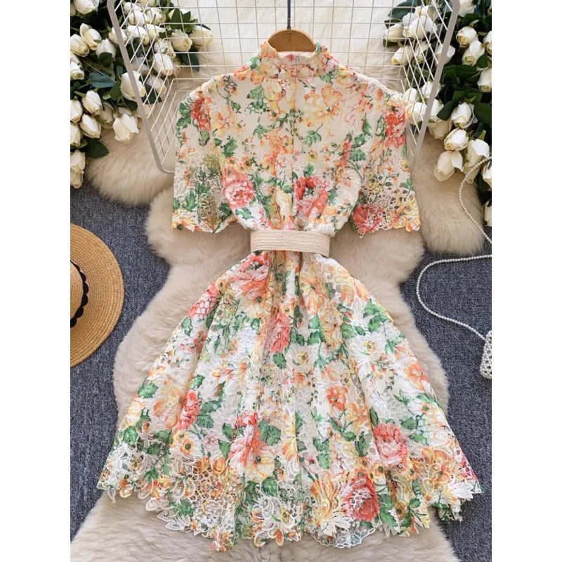 2025 New Dresses Women French Strap Waist High Neck Bubble Sleeve Hollow Hook Flower Lace A-line Short Vestidos