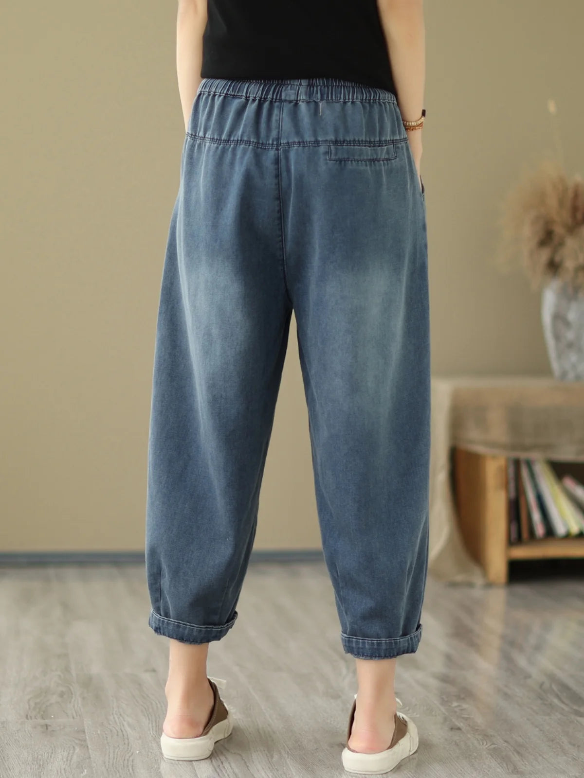 High Waist Straight Leg Jeans Women's Loose Casual Nine-Tenths Harlan Pants Elastic Waist Vintage Style Summer Thin Jeans