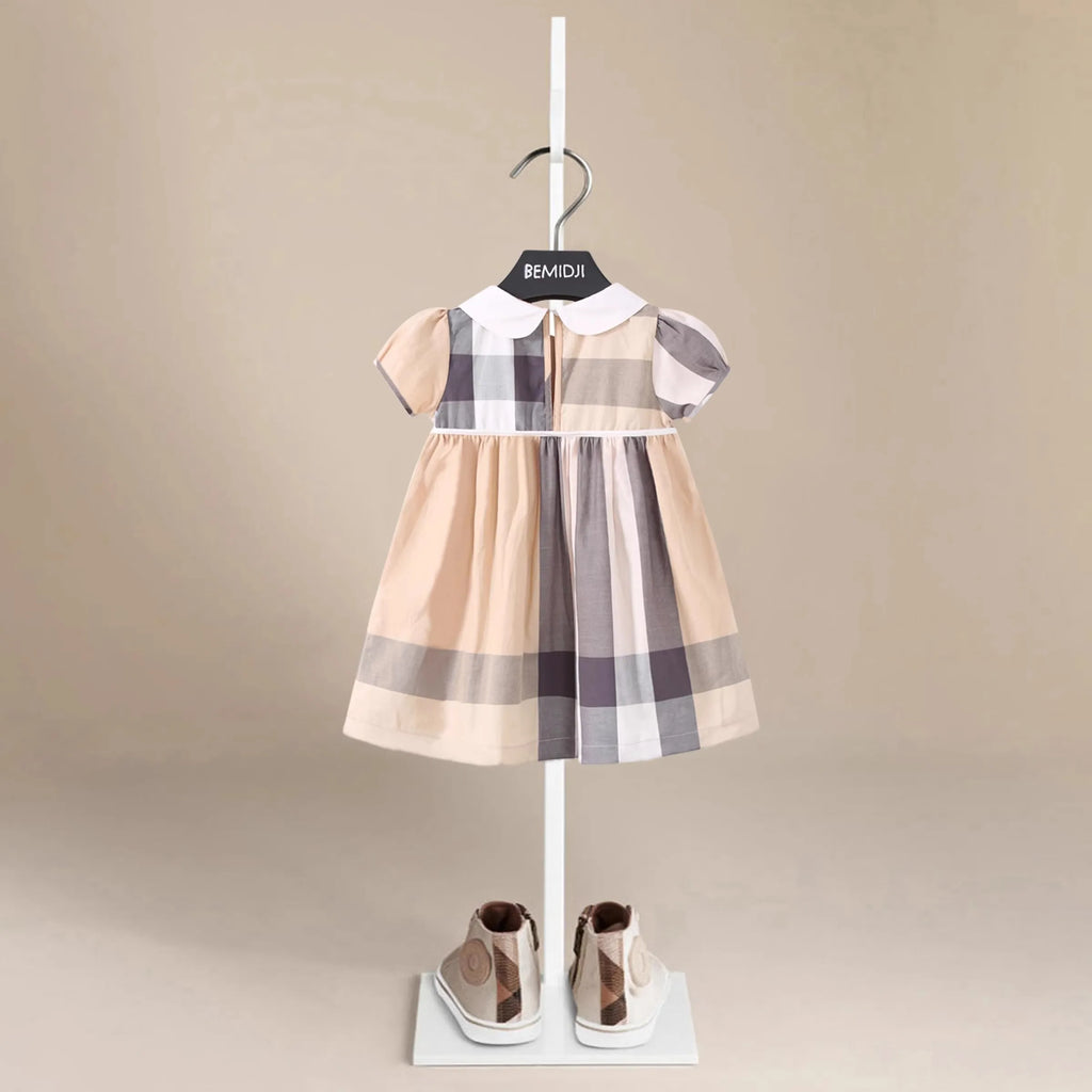 Summer Baby  Girls Striped Plaid Puff Sleeved Birthday Party Dress Children Elegant Short Shirts Dresses Chiffon Clothes Kids