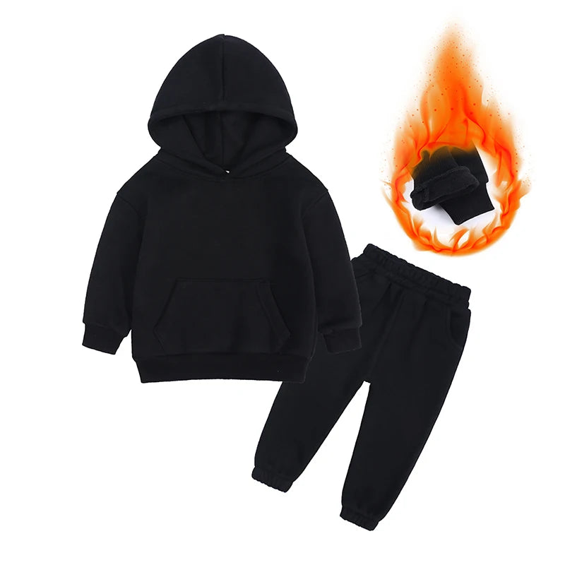 2026 Winter Children Fleece Outfits Toddler Warm Thicken Cotton Soild Hoodies+Pants Tracksuit Kids Boy Girl Sweatsuits Sets