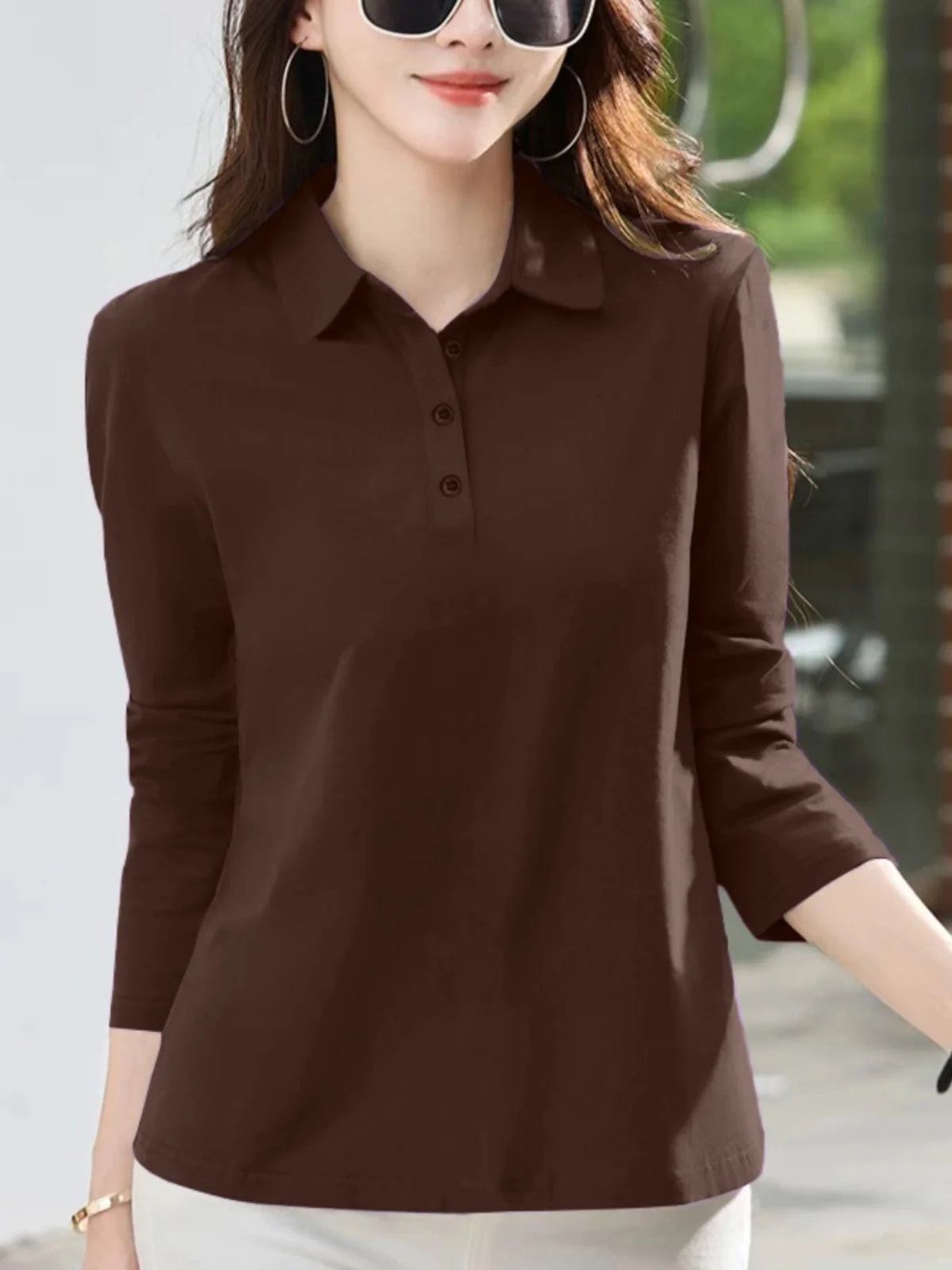 Women's  irt Long Sve T-irt Pure Cotton Loose Fit Autumn New Sle Versatile Turn-down Collar Base Top
