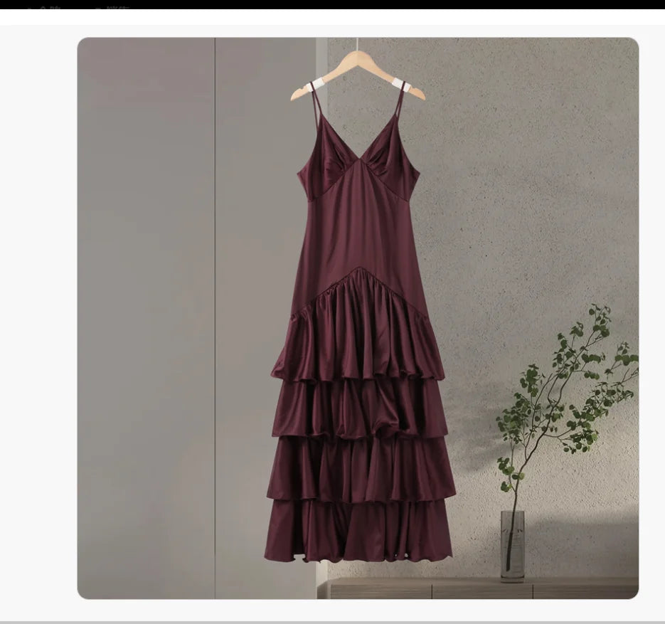 Sexy Ruffles Sling Long Cake Dress Women Sleeveless Backless V-neck Party Evening Dresses 2026 Summer Lady Slim Robes New