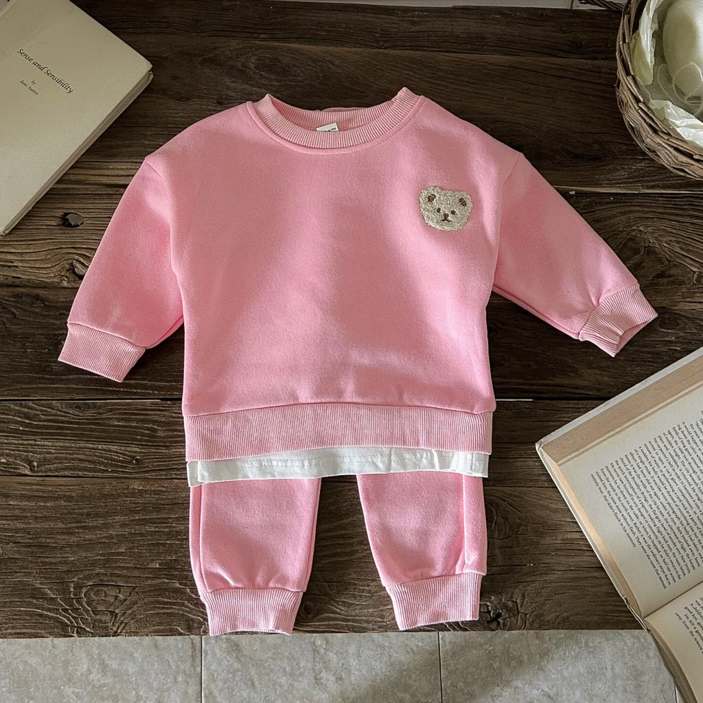 Baby Bear Embroidery  Fleece Pullover  Set  Sweatshirt Tops+Harem Jogger Pants Suits 2pcs Girls Boys  Lined Clothes