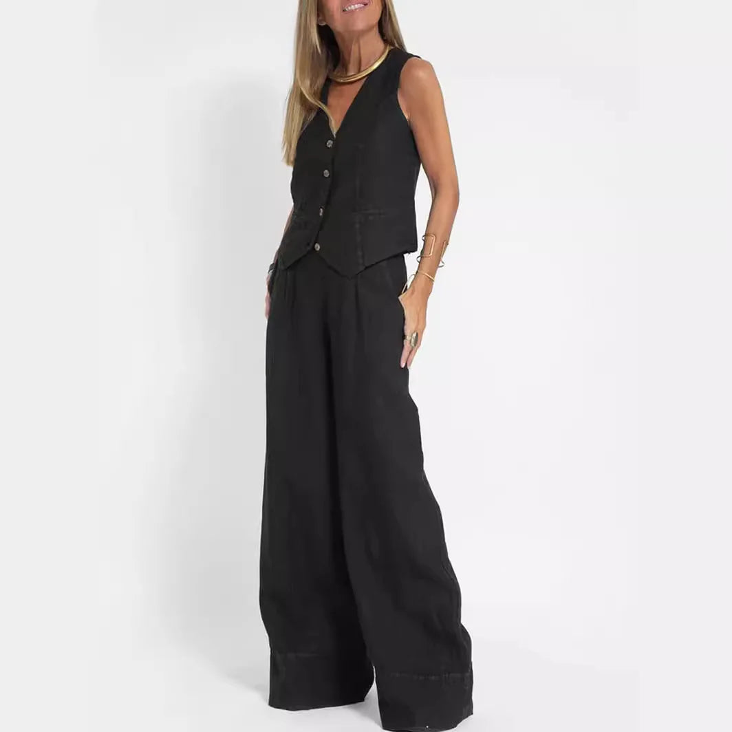 Fashion Patchwork Cotton Linen Vest Pants Casual Suit Women's High Waist Long Pants V-Neck Sleeveless Summer Outfit Set