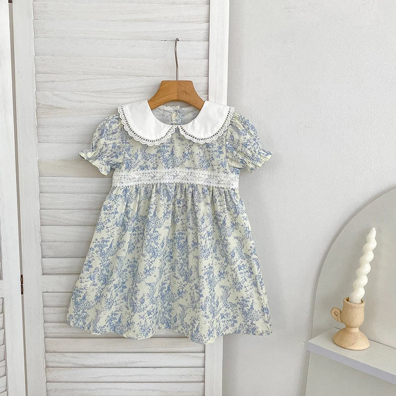 2026 New Girls Children Dress Summer 2-6Yrs Bubble Short Sleeve Dress Floral Print Ruffled Collar Cotton Sweet Dress