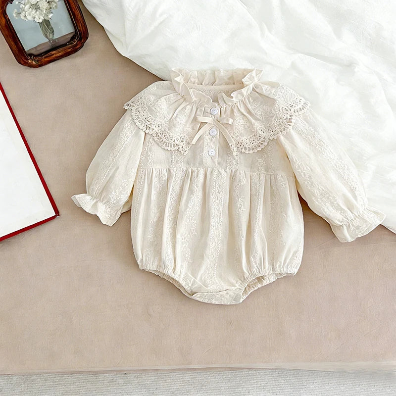 0-2Yrs Newborn Bodysuit Spring Autumn Clothes Baby Romper Lapel Collar Princess Bow Romper Long Sleeves Infant Girl Jumpsuit