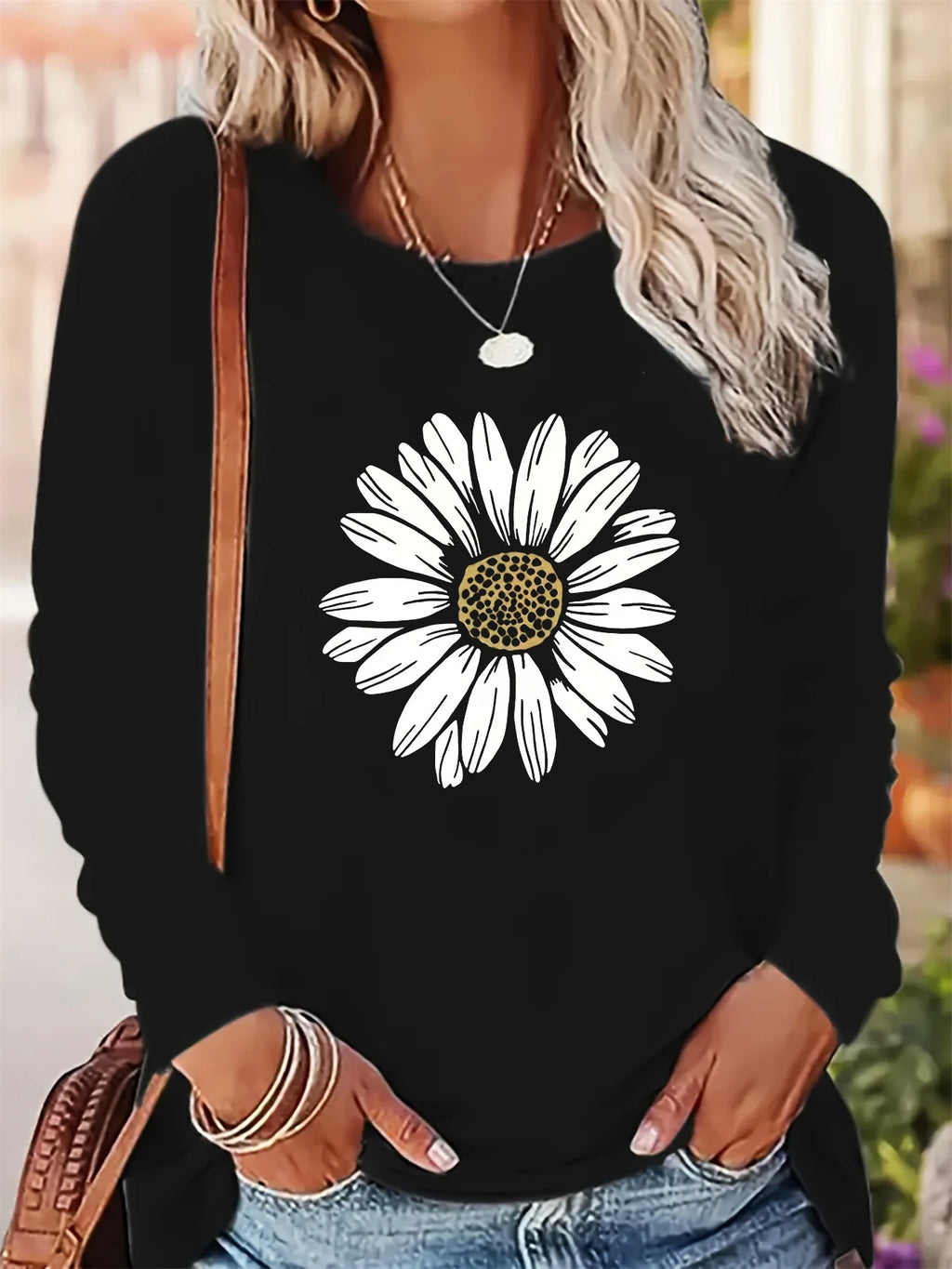 Women's autumn and winter 100% pure cotton fashionable casual loose sunflower print round neck long sleeved T-shirt top