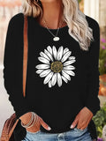 Women's autumn and winter 100% pure cotton fashionable casual loose sunflower print round neck long sleeved T-shirt top