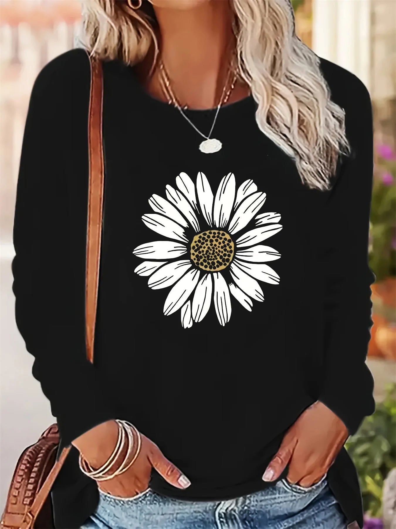 Women's autumn and winter 100% pure cotton fashionable casual loose sunflower print round neck long sleeved T-shirt top