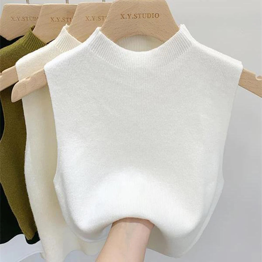 Elegant Knit Vest Top Sleeveless Women Camisole Tees T-Shirt Pure Color Sweater Half-turtleneck Vest Tank Top Simple Cropped Top