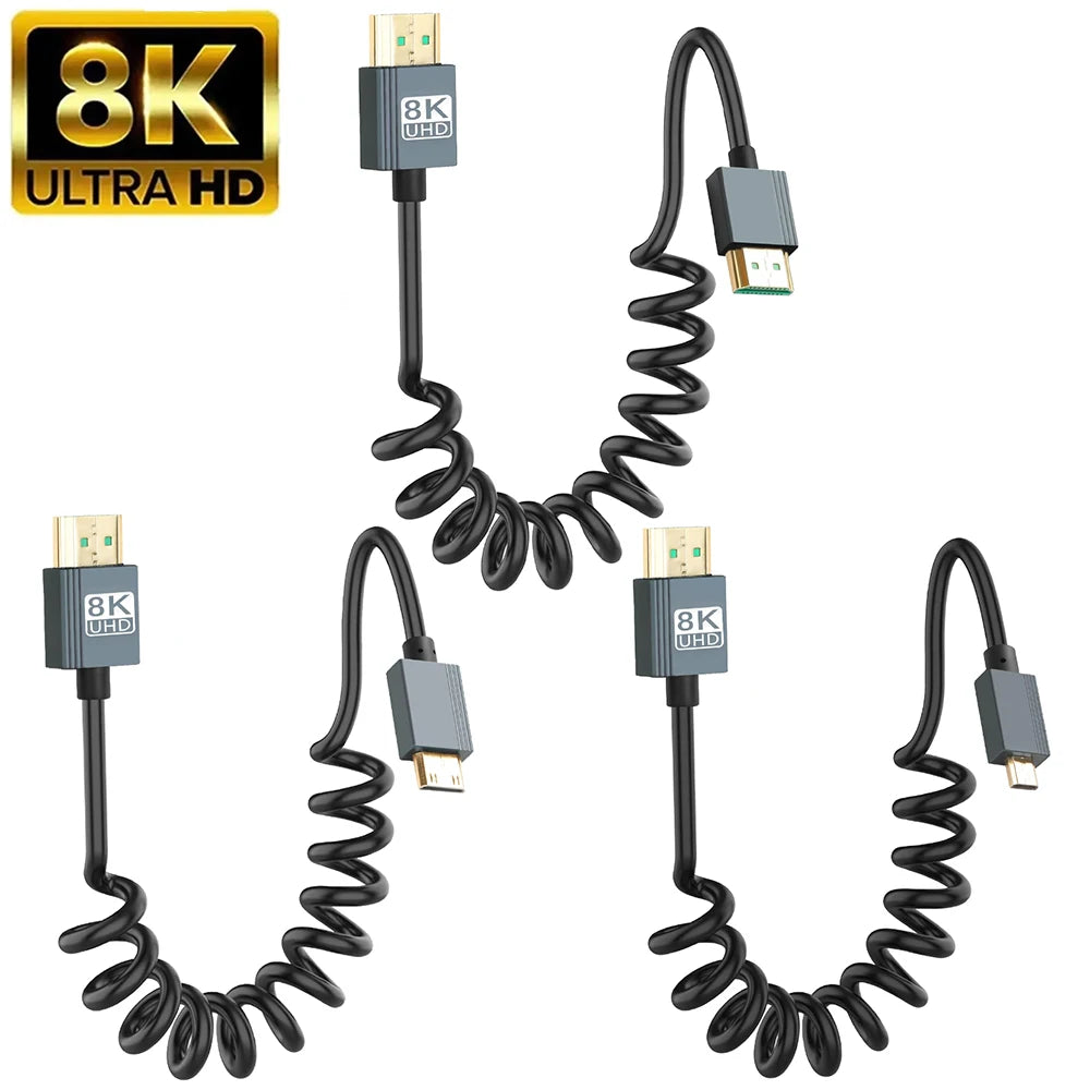 8K UHD Cable 2.1 Standard HD Mini-HD Micro-HD Stretch Spring Curl Flexible Cord for PC Phone Tablet Camera DV Monitor HDTV