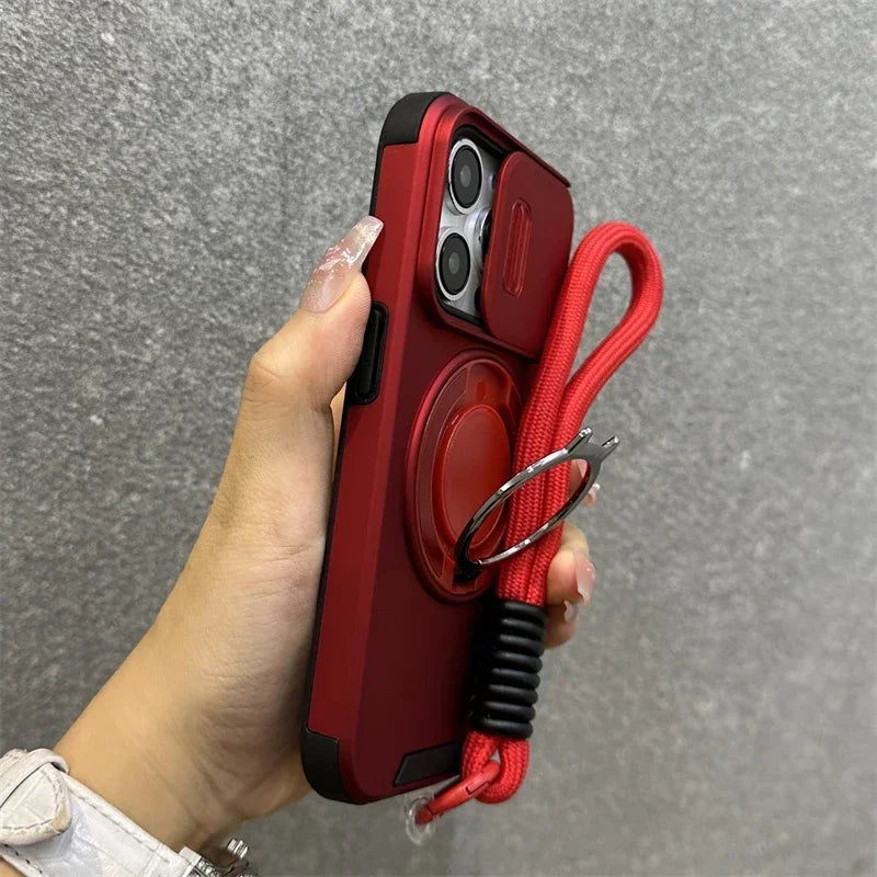 New Armor Magnetic Bracket Cases for iPhone 16 14 13 12 11 15 Pro Max Plus With Lanyard Slide Camera Protection Shockproof Cover