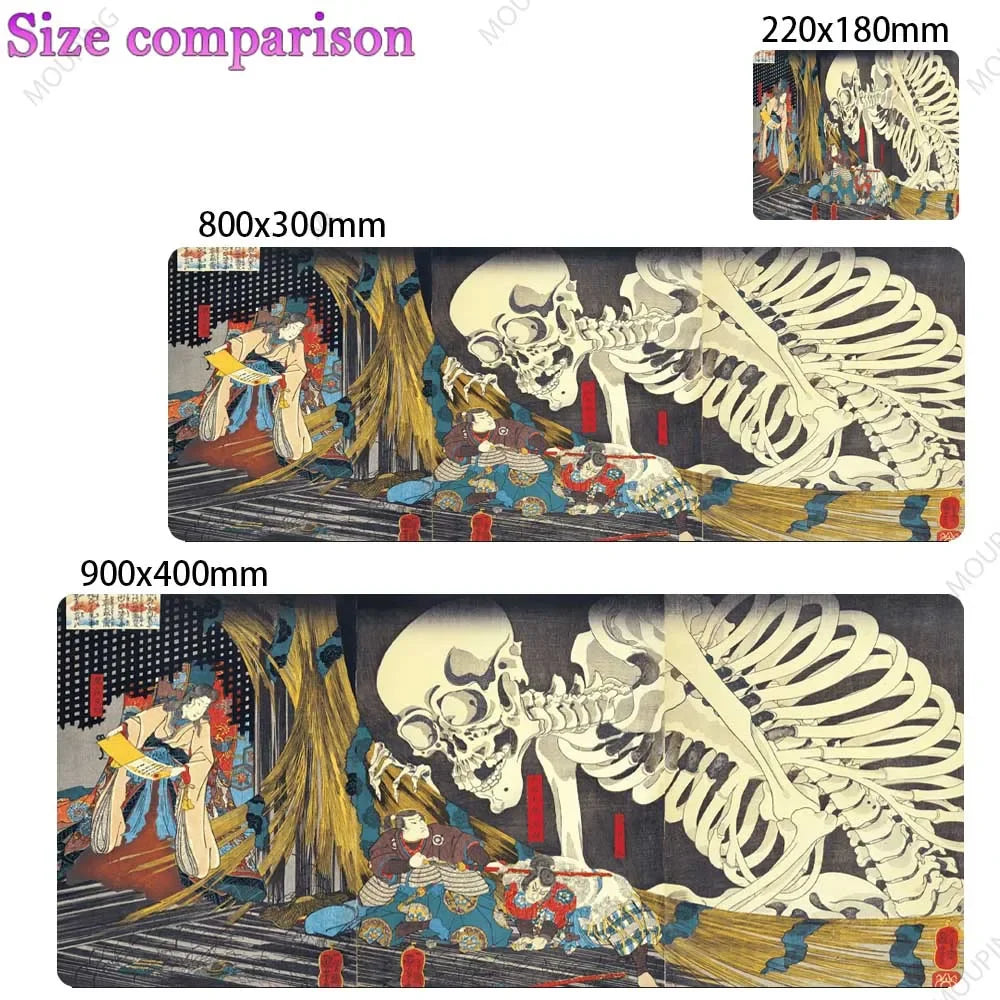 Large Japan White Skull Gaming Mouse Pad Thick Non Slip Rubber Stitched Edge Oversized Desk Mat For PC Gamer Laptop Durable