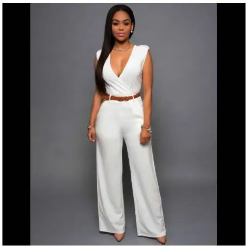 Summer Women's Jumpsuit Wide Leg Pants V-Neck One-Piece Suit with Belt Casual Fashionable Ladies' All-In-One Clothing