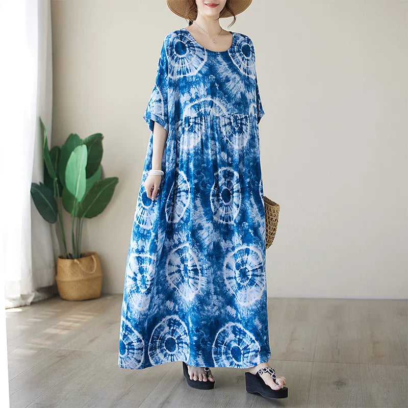 THHONE Vestidos Para Mujer Bohemian Print Maxi Long Dress for Women 2024 Floral Casual Cotton Linen Loose Vintage Robe Dresses