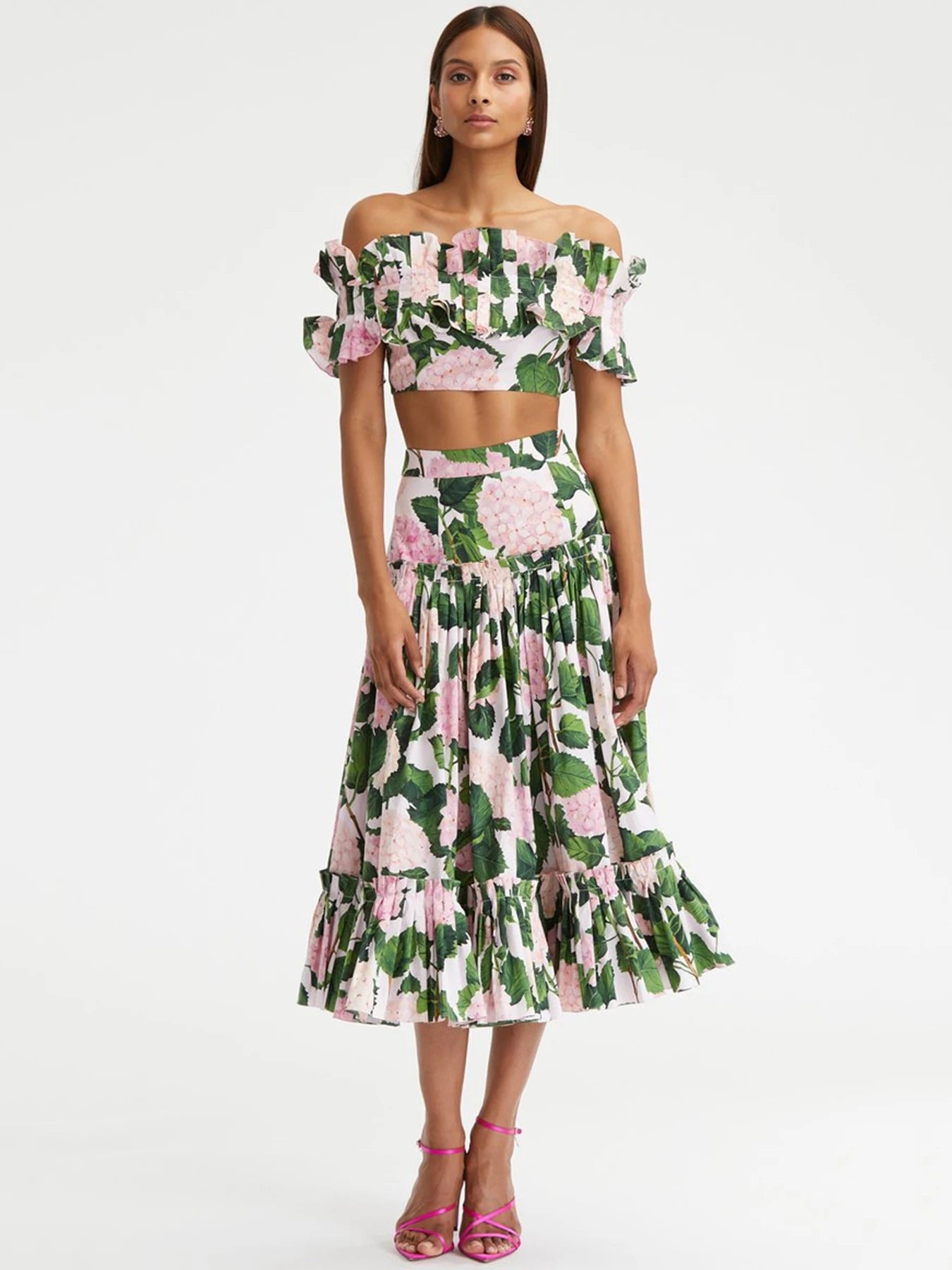 Ruffle High Waist Bikini Set Swimsuit For Women 2024 New Flower Print Swimwear And Beach Dress Female Off Shoulder Bathing Suit