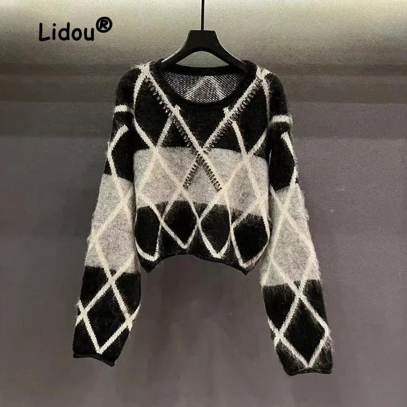 Fashion Color Matching Rhombus Square Knitting Bottoming Shirt Women New Classic Long Sleeve O-collar Loose Sweaters Lady Top