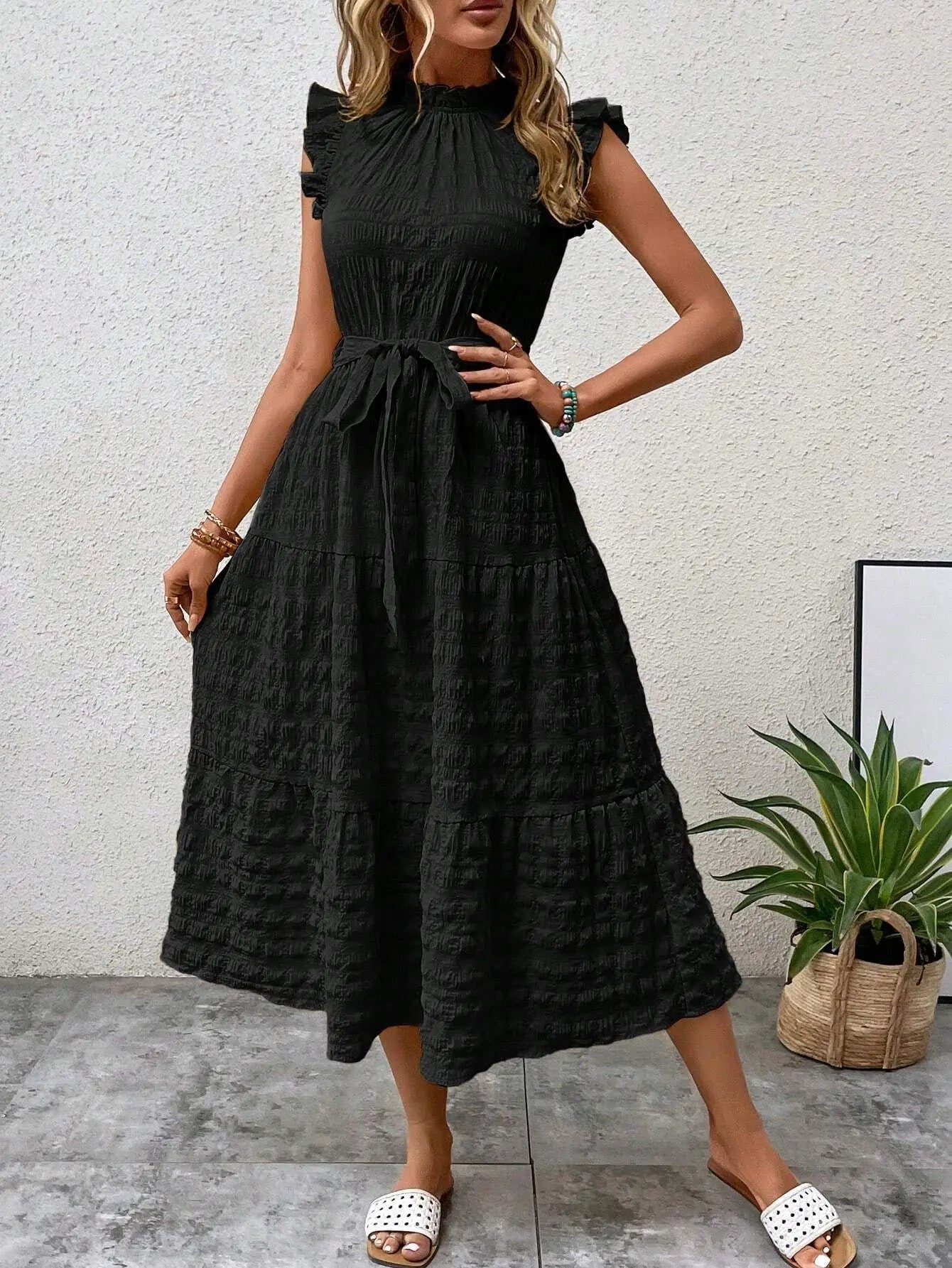 Fashion Women's Vintage Solid Ruffles Flying Sleeves Fresh And Sweet Midi Dress Summer Casual Lace Up Texture Womens Long Dress