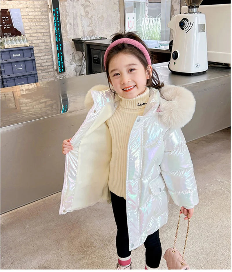 2026 Winter Coats Girls Warm Long Down Jackets Kids Fashion Unicorn Shiny Waterproof Parka Children Fur Collar Hooded Outerwear