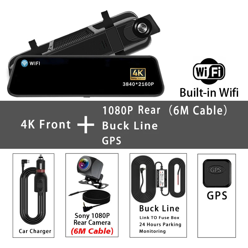 10" Dash Cam 4K 2160P GPS WIFI Car Dvr Mirror Dual Lens Dashcam IPS Screen Car Camera Drive Recorder Stream RearView Mirror