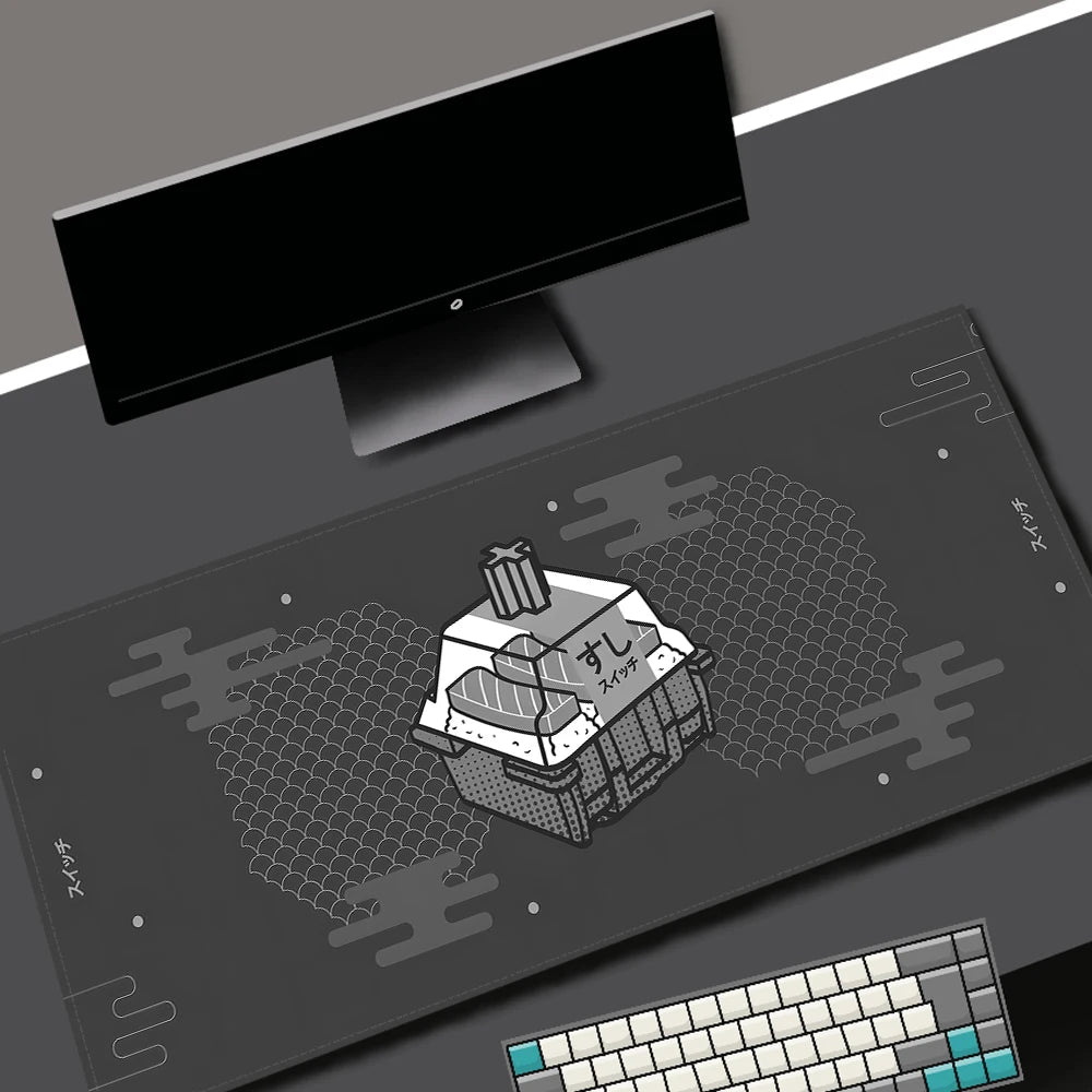 Large Kawaii Grey Gaming Mouse Pad Non Slip Rubber Stitched Edge Desk Mat For PC Laptop Office Dorm Switch Keyboard Gamer Gift
