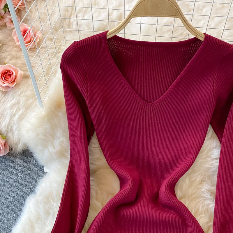 2026 New Basic Fashion Women Elastic Solid Elegant V Neck Sweater Dress Long Sleeve Ladies Side Open Midi Long Dress